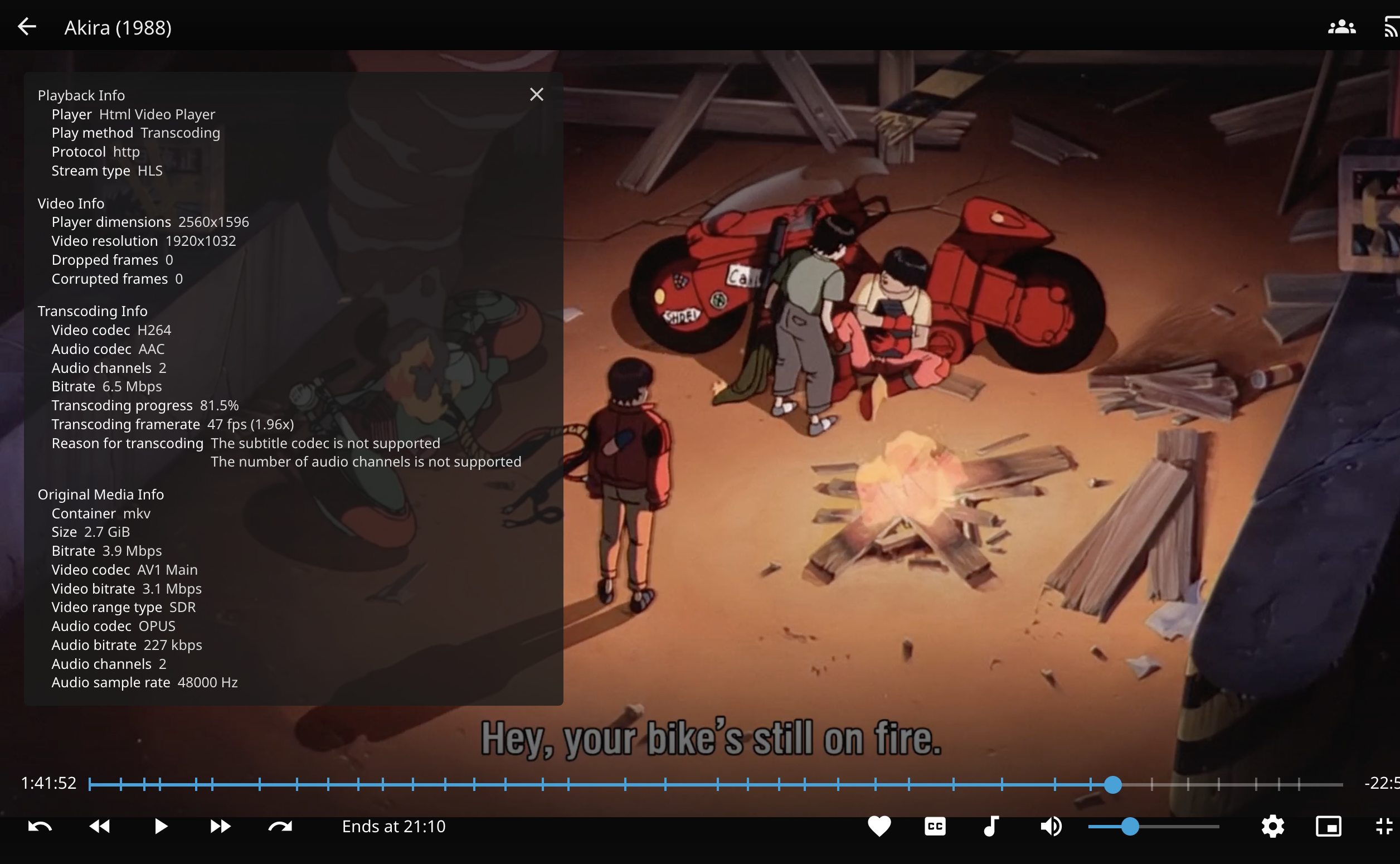Jellyfin playback info panel showing transcoding details for Akira movie